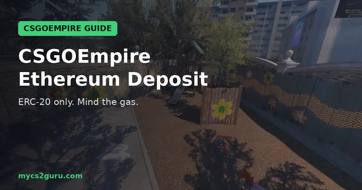 CSGOEmpire Ethereum Deposit headline graphic over a Counter-Strike 2 screenshot of a sunny courtyard with sunflower murals