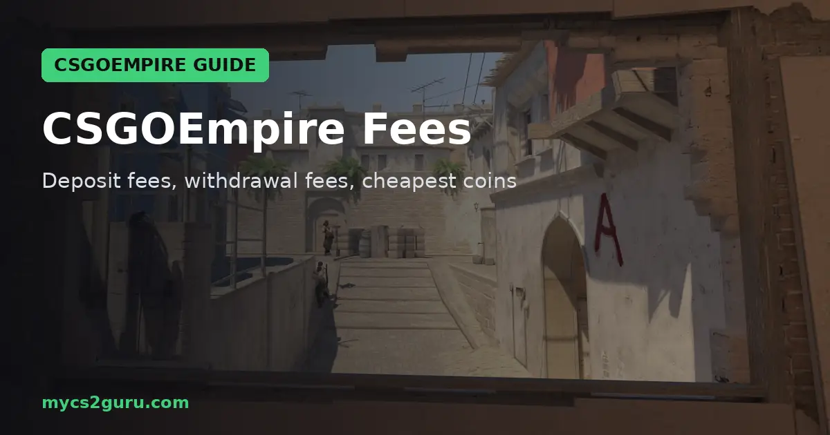 CSGOEmpire Fees headline graphic over a Counter-Strike 2 screenshot of a view through a window toward a bombsite