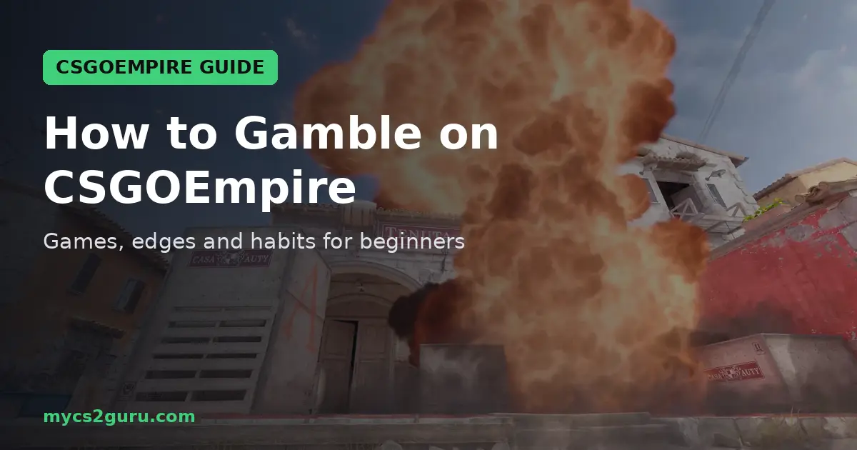 How to Gamble on CSGOEmpire headline graphic over a Counter-Strike 2 screenshot of an HE grenade exploding over a street