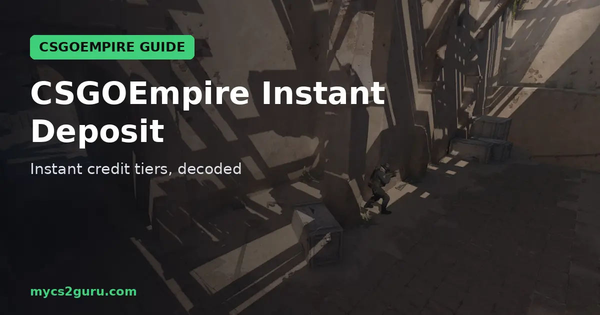 CSGOEmpire Instant Deposit headline graphic over a Counter-Strike 2 screenshot of sunlit sandstone arches and a tunnel