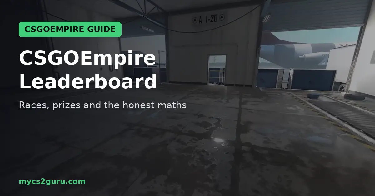CSGOEmpire Leaderboard headline graphic over a Counter-Strike 2 screenshot of an empty warehouse hangar
