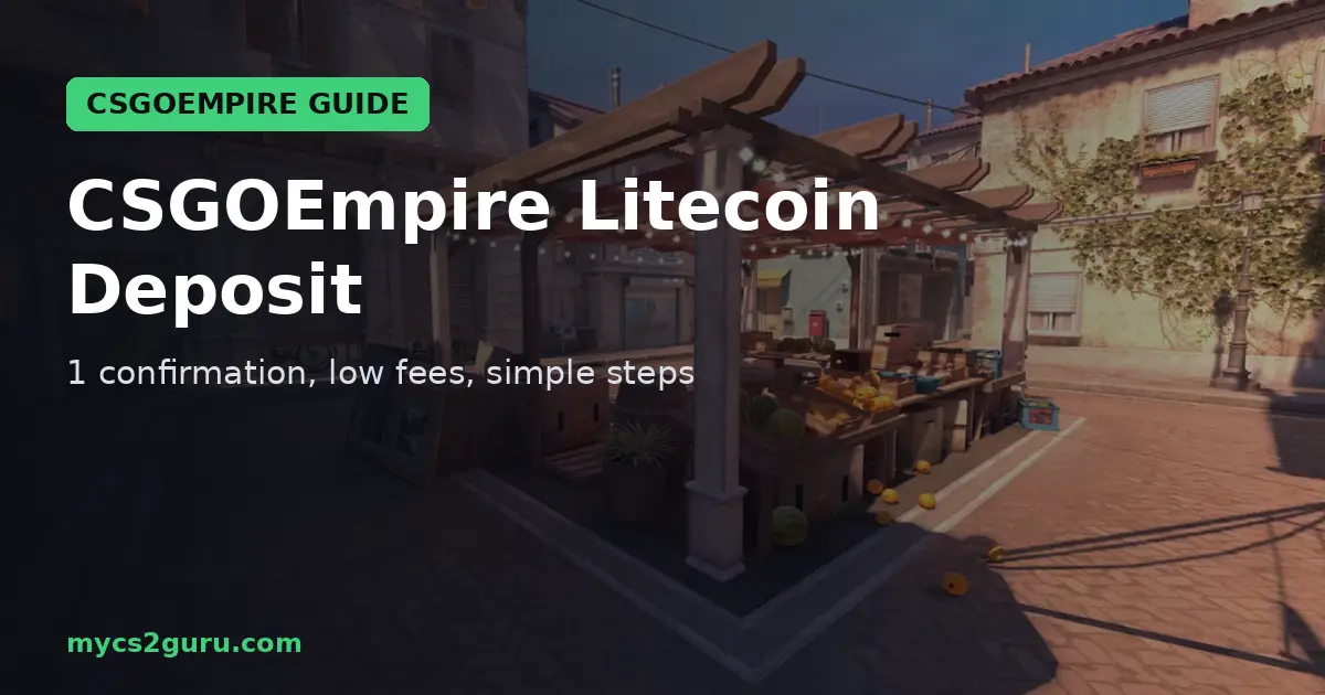 CSGOEmpire Litecoin Deposit headline graphic over a Counter-Strike 2 screenshot of an outdoor market stall in a sunny plaza