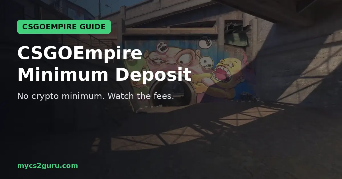 CSGOEmpire Minimum Deposit headline graphic over a Counter-Strike 2 screenshot of a colorful mural over a tunnel