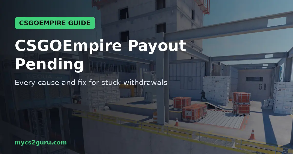 CSGOEmpire Payout Pending headline graphic over a Counter-Strike 2 screenshot of the Counter-Strike 2 cover art with two operators